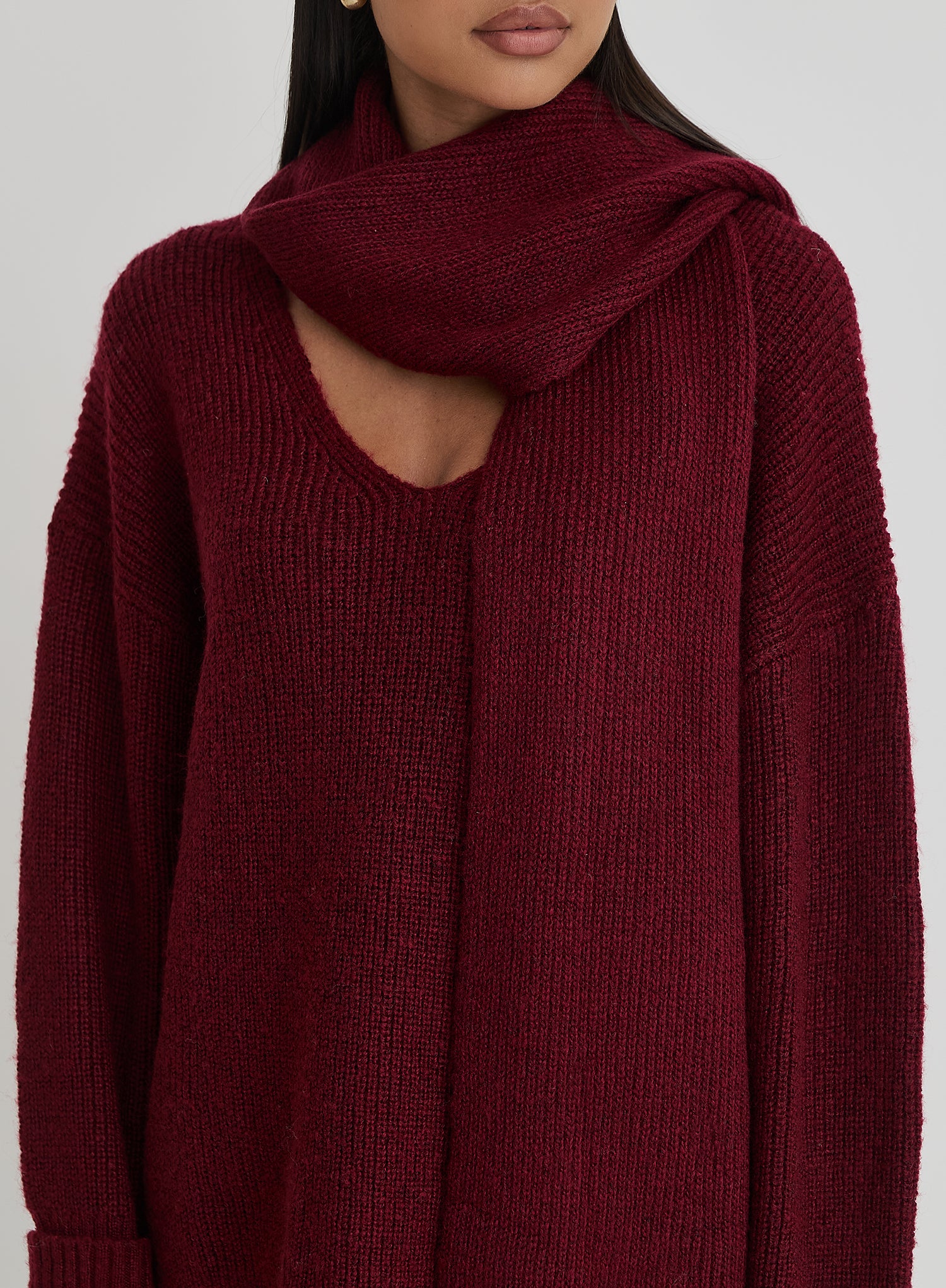 Burgundy Slouchy Knitted Jumper With Scarf